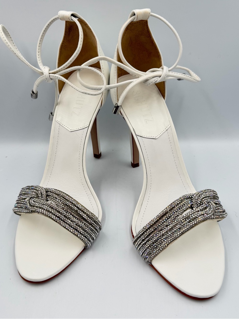 Schutz Andy Women 8.5B White Leather Sandal Heel Stiletto Ankle Tie Bling Shine
